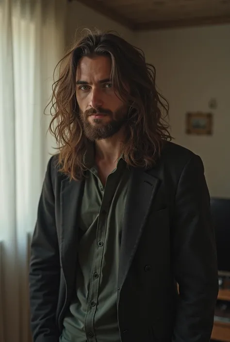 there is a man with a long hair standing in a room, a picture inspired by Bohumil Kubista, tumblr, tachisme, with long hair, mid long hair, with no beard, his hair is messy and unkempt, with short hair, young with long hair, wavy hair combed to one side, w...