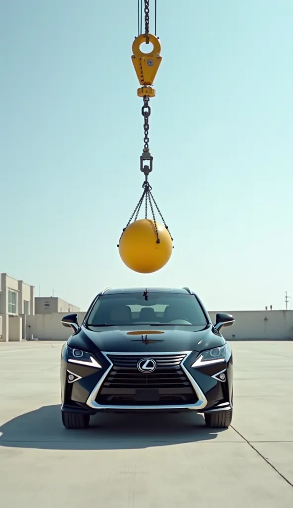 Car: A black Lexus SUV parked in a clean, flat area with no debris.

Weight: A fully visible yellow, round weight, suspended by chains from a crane.

Camera Angle: A wide shot showing the weight in the sky and the car directly below it.

Motion: The weight...