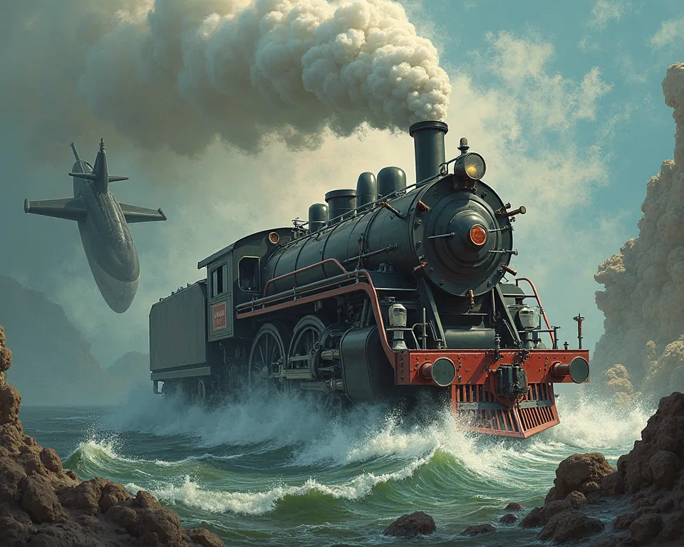 Steam locomotive and submarine shoot each other, confrontation, submarine launched torpedo, surrealism