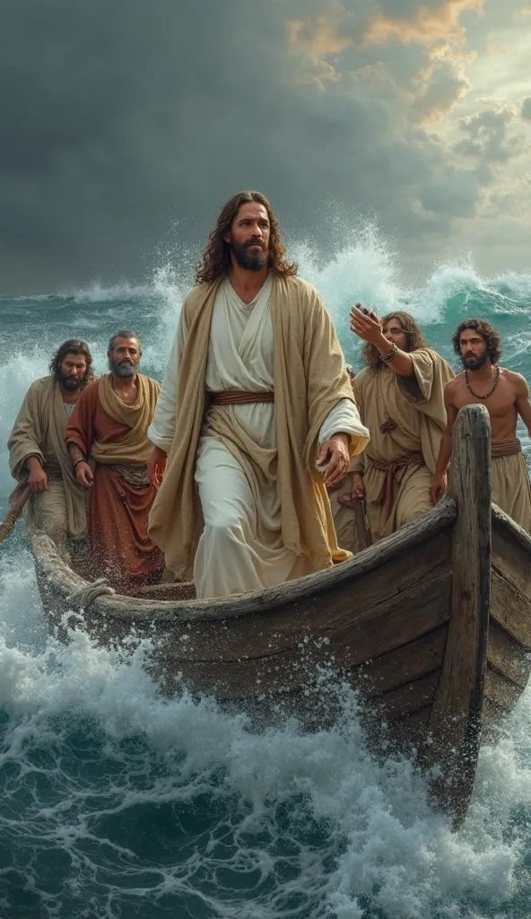 portrays Jesus Christ and his disciples in a small wooden boat in the midst of a rough sea, with high waves and dark, cloudy skies in the background, conveying a sense of storm. Jesus is standing in the boat , wearing a white robe with a beige robe on top,...