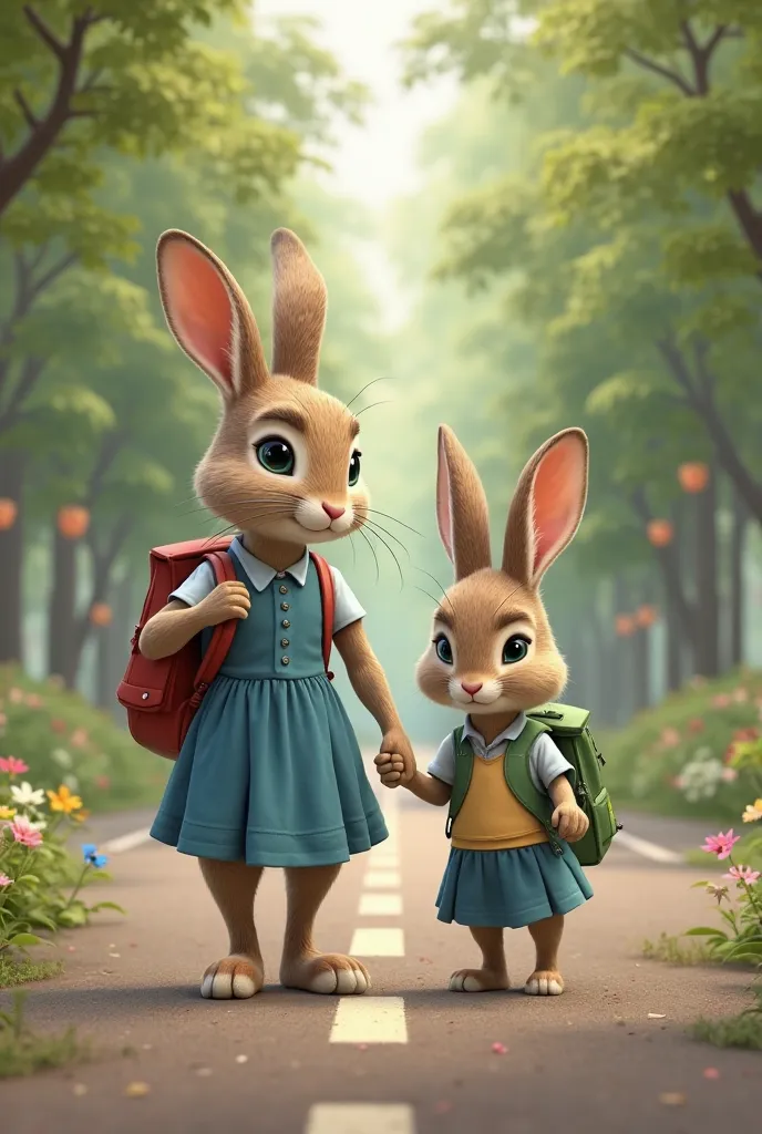 A green-eyed rabbit wearing a blue dress and a stylish bag carrying her little brown-eyed, brown-haired bunny in school uniform clothing with her backpack on her back holding hands with her mother rabbit are on the road both realistic and the path contains...