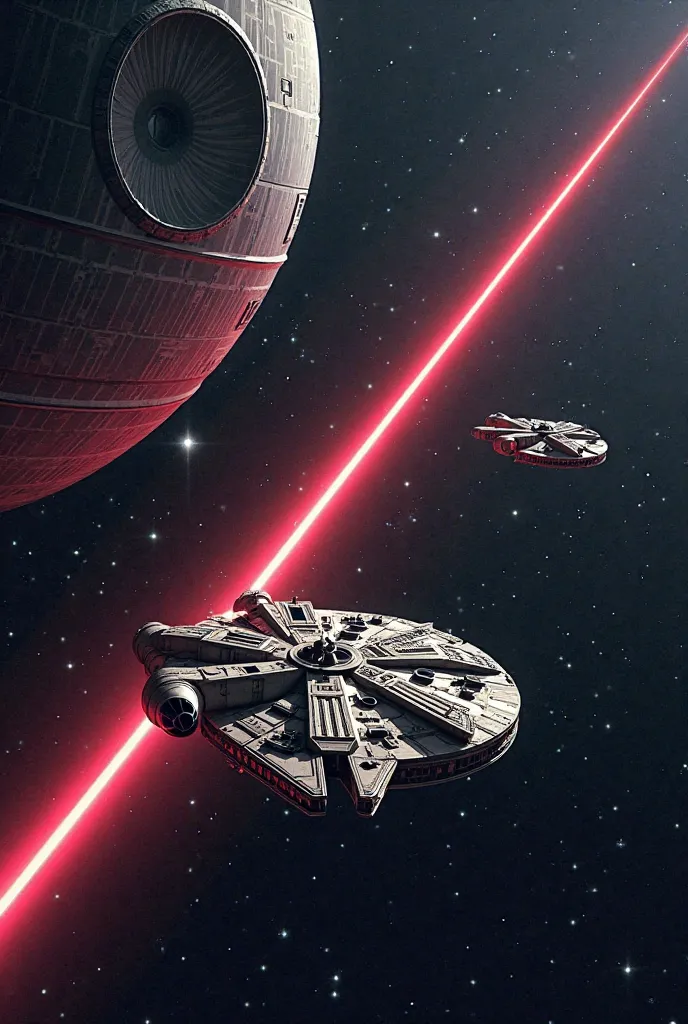 Draw the Death Star shooting a beam at Millenium Falcon in deep space 