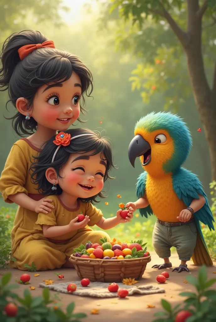 The girl's name is Amna, and the boy's name is Abdullah, and the name of the parrot is Mathu. They are all playing in a garden, laughing, and their grandmothers are bringing them food with them, with some fruits and some seeds.