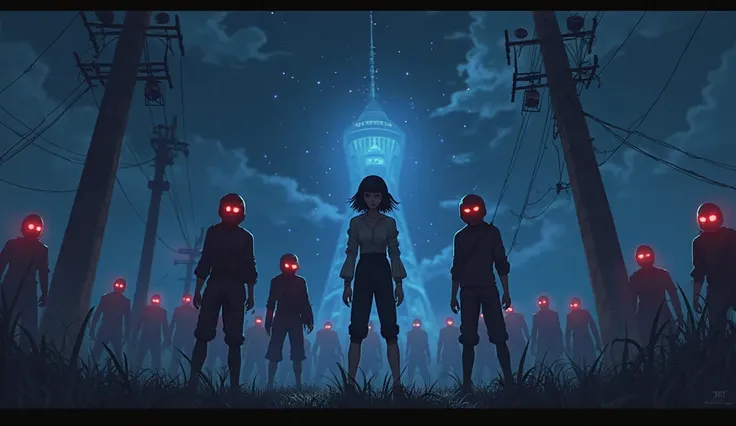 A dark, mysterious night with three main characters Hollywood movie —Noya, Laka, and Noah—standing near a glowing electric pole. Noah, a mysterious girl, is in the center, slightly glowing with a hidden power in her eyes. Masked warriors with glowing red e...