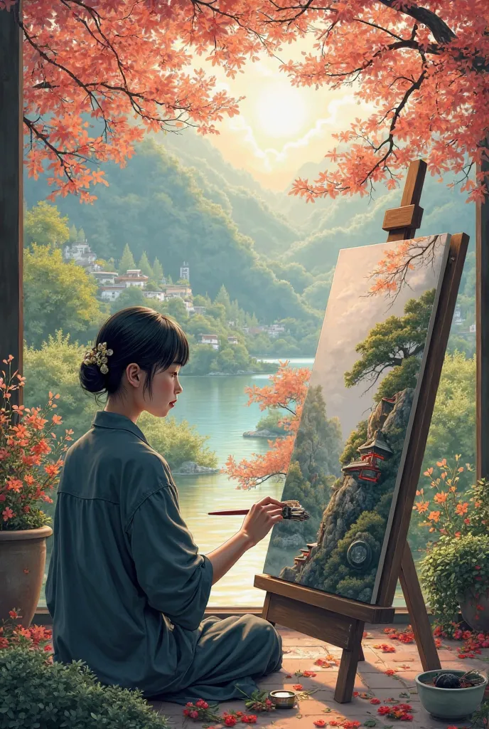 generate image “Japan as someone draws a painting on canvas”