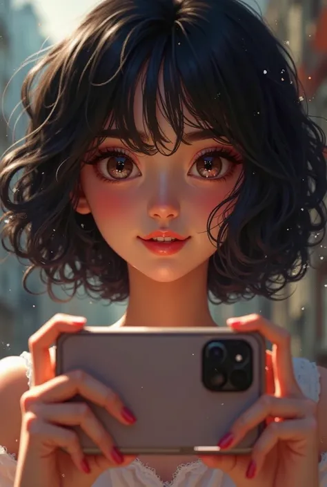  Make a girl with short hair, black and curly; taking a selfie; not anime style. 