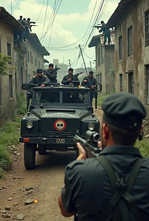 A first-person perspective scene featuring a line of BOPE soldiers in black uniforms and black berets, ascending a hillside in a favela. The character's left and right hands are emerging from the bottom of the image, gripping a rifle and firing it, emphasi...