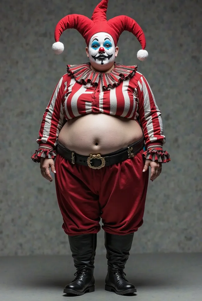 Fat Female clown, she wears a two piece jester outfit, long sleeves red white and black stripes top, red and black stripes long pants, black belt, knee high black boots, finger less gloves, jester hat Blue and Red, White painted face with black lips and a ...