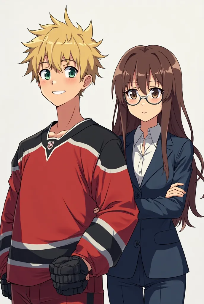 A man and a woman standing next to each other, the man is a hockey player wearing a red and black uniform, blonde hair, forest green eyes,friendly smile and the woman wearing a feminine navy blue suit, brunette, tanned a little, brown eyes, wearing thin si...