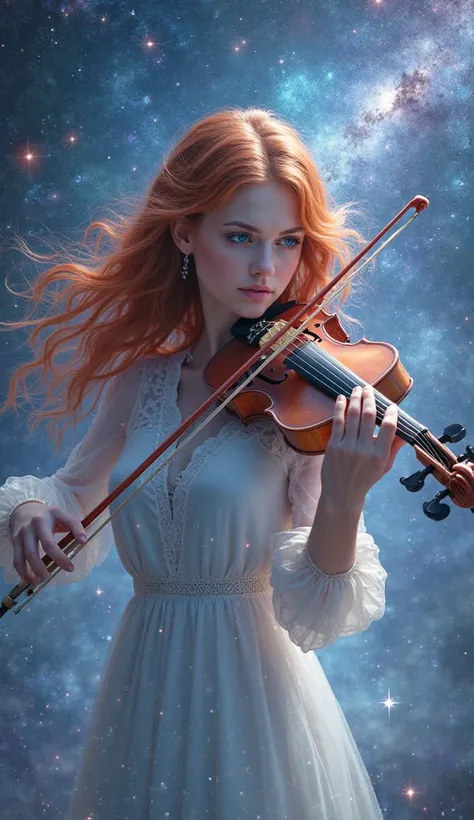 A celestial and ethereal album cover for the song 'Celestial Echoes', featuring a beautiful red-haired woman with blue eyes playing a violin. She is surrounded by a cosmic landscape with swirling nebulae and distant galaxies. Ethereal choral spirits drift ...