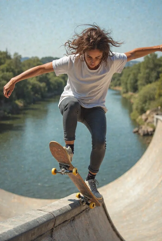 Hallo, I would like to have as realistic a picture as possible of a female skater. She doesn't wear a helmet, has very short hair. The woman is , wearing a baggy tshirt and doing a very cool trick on a high ramp. There is a river flowing in the background