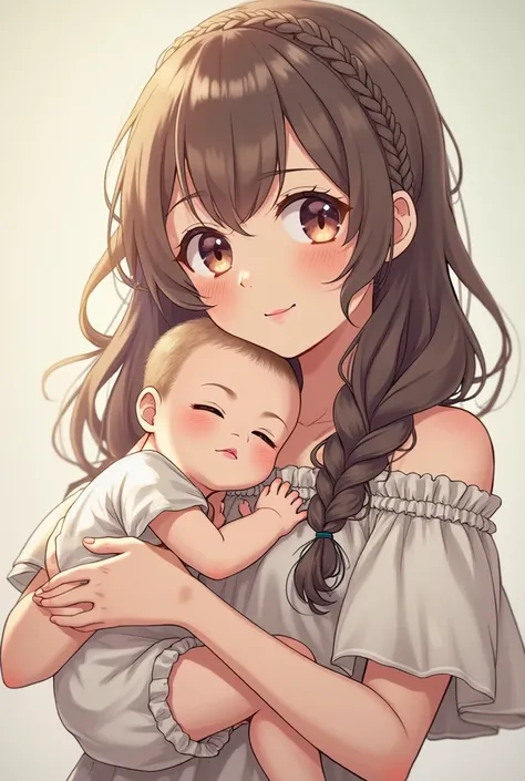 Style: Anime VTuber. Girl in a 3/4 position but facing the camera. She is holding a baby close to her chest but slightly tilted outward, ensuring the baby's face is clearly visible. She has long, wavy, loose hair with a braid that wraps around the lower pa...