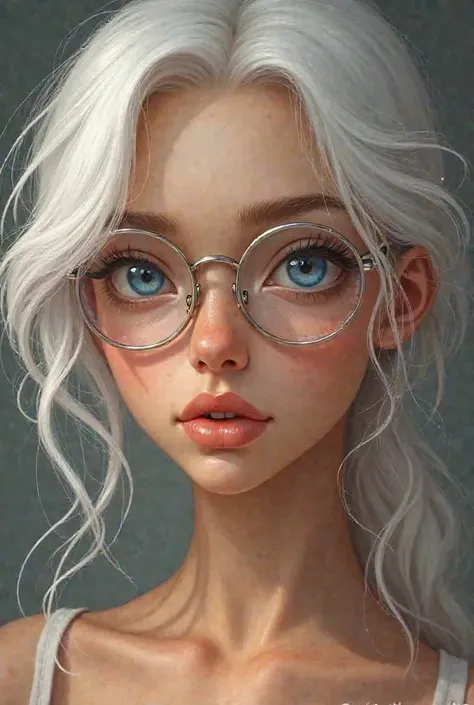 Female,  have a beautiful face,  wear round glasses and a steel frame, have a blue eyes, white hair, very insecure with her hair, a bit of chubby, have a mole under her right cheekbone, tan skin