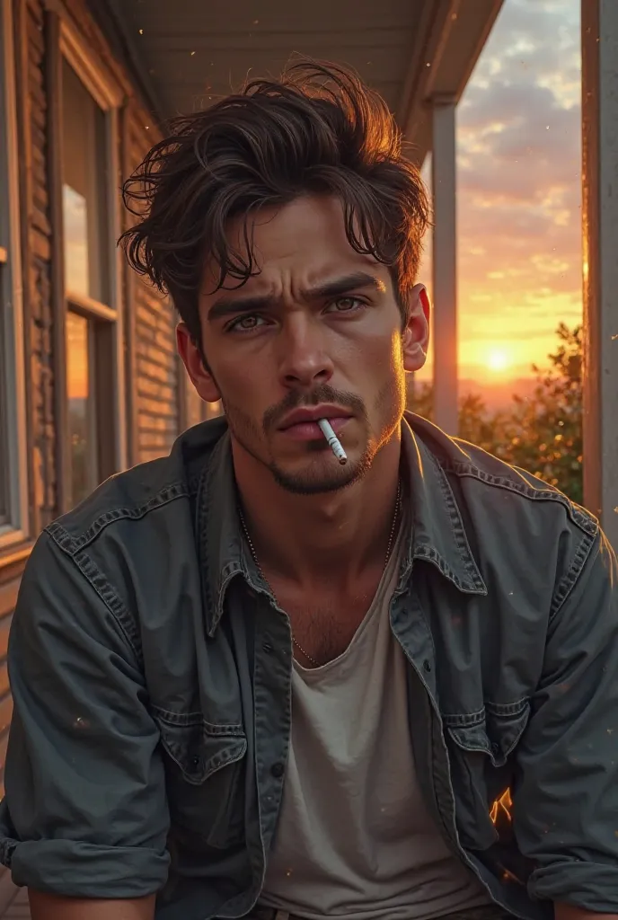 Semi realistic art of a Young man with hazel eyes and slightly tired and grumpy looking. Facial hair across his jaw and unconventionally handsome but attractive. He is sitting with a cigarette on a front porch during sun set hours.