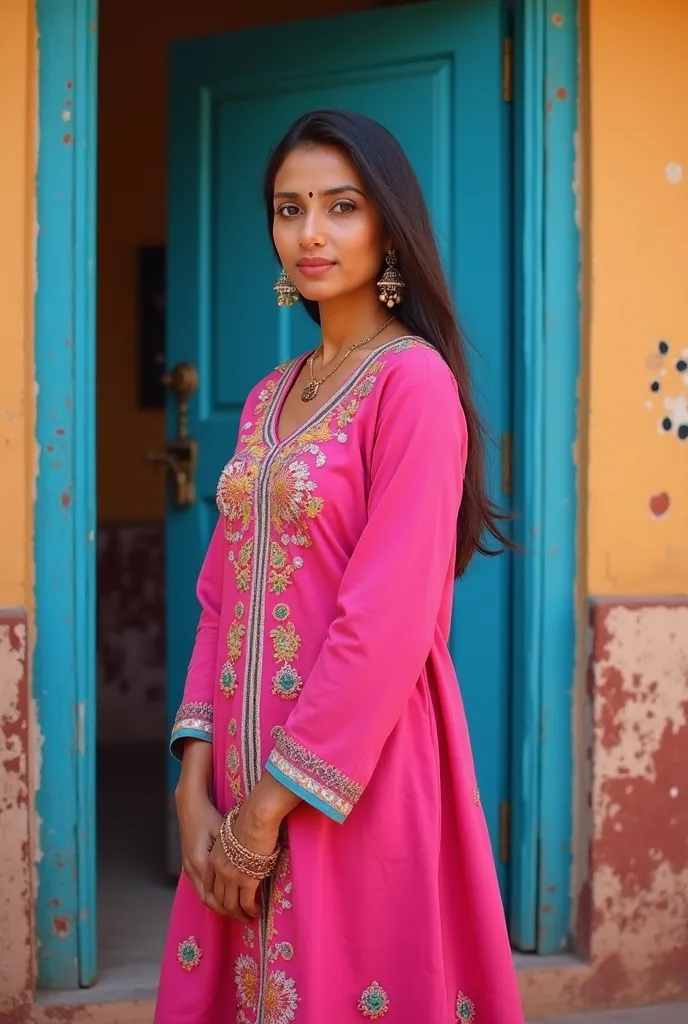 araffe woman in a pink dress standing in front of a door, a picture inspired by Saurabh Jethani, instagram, rasquache, traditional beauty, very extremely beautiful, with lovely look, wearing an elegant tribal outfit, candid picture, with beautiful colors, ...