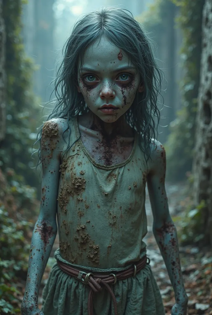 A mutated and decaying young girl with light blue pale skin