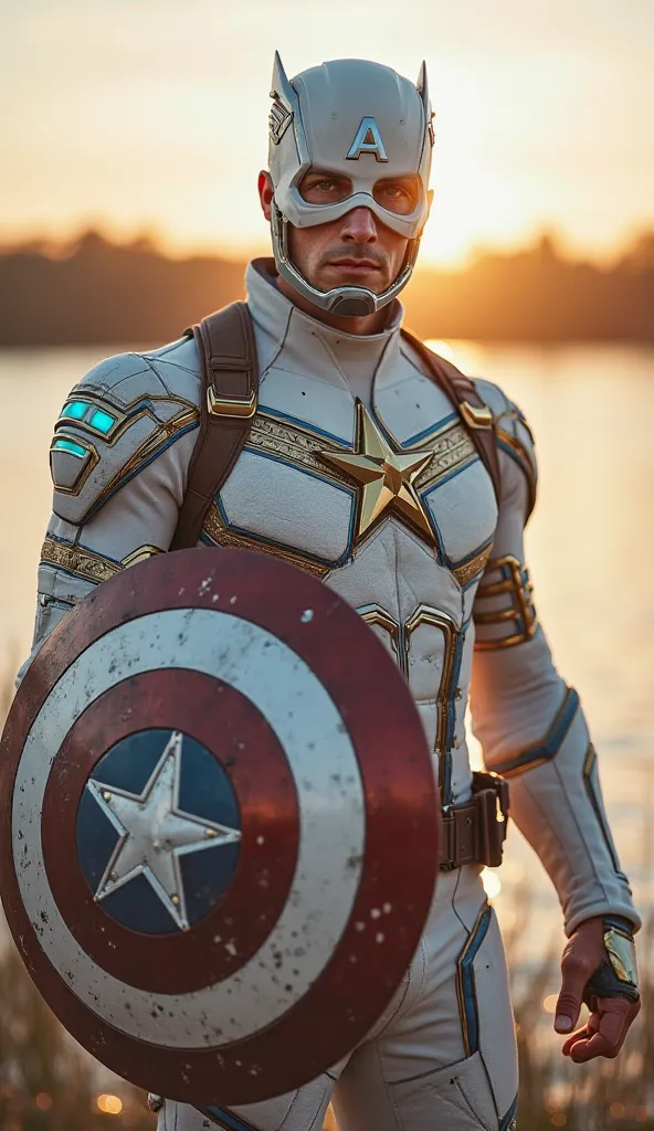 realistic image in high quality, captain America is wearing a new costume, captain America's uniform is white and gold, the costume has blue LED bands, the costume has gold in its composition, the predominant color of his uniform is white, his mask is whit...