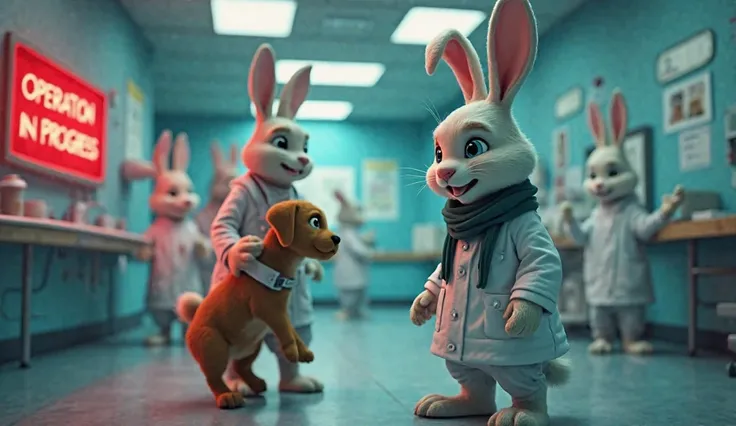 In the brightly lit hospital, rabbit doctors in white coats rush the unconscious brown puppy inside. The main rabbit, panting from exhaustion, stands outside the operation room, its dark green scarf slightly crumpled from stress. The glowing red "Operation...