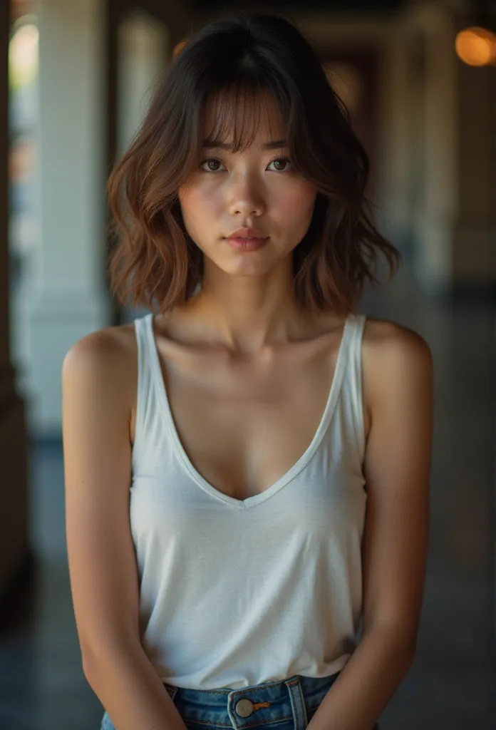  cinematic portrait photograph 、t-shirt, Masutepiece, high resolution, (Photorealistic:1.4), 1 girl in,  She wears a sleeveless t-shirt , denim pants 、 (beautiful chest:1.2), looking at the spectator, (((straight from the front ))), Film grain, fujifilmXT3...