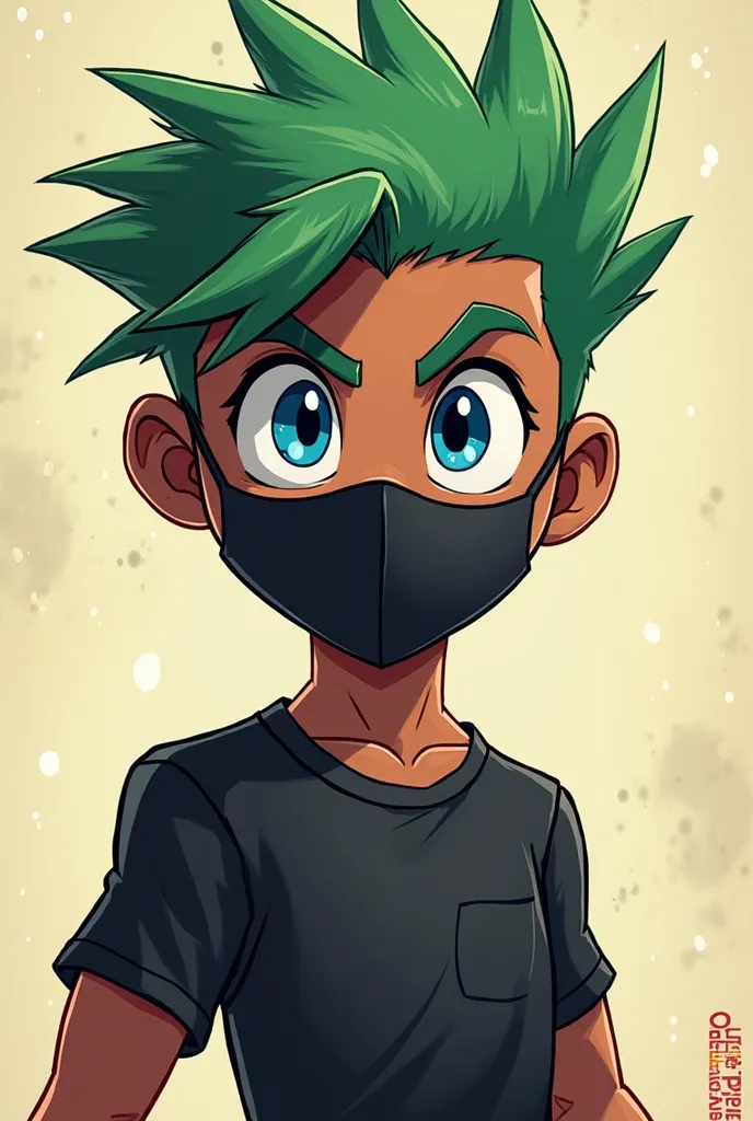 Free Fire cartoon style character,  green hair, black shirt,  black mask on the mouth ,blue eyes,brown skin tone, male 