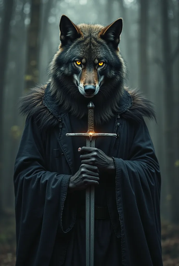 **Prompt:**  
"A person standing with a sword held upright in front of their face, human body replaced with a wolf's head—fierce glowing eyes, sharp fangs, detailed fur. Dark fantasy theme, dramatic lighting, high contrast, surreal digital art, sharp focus...