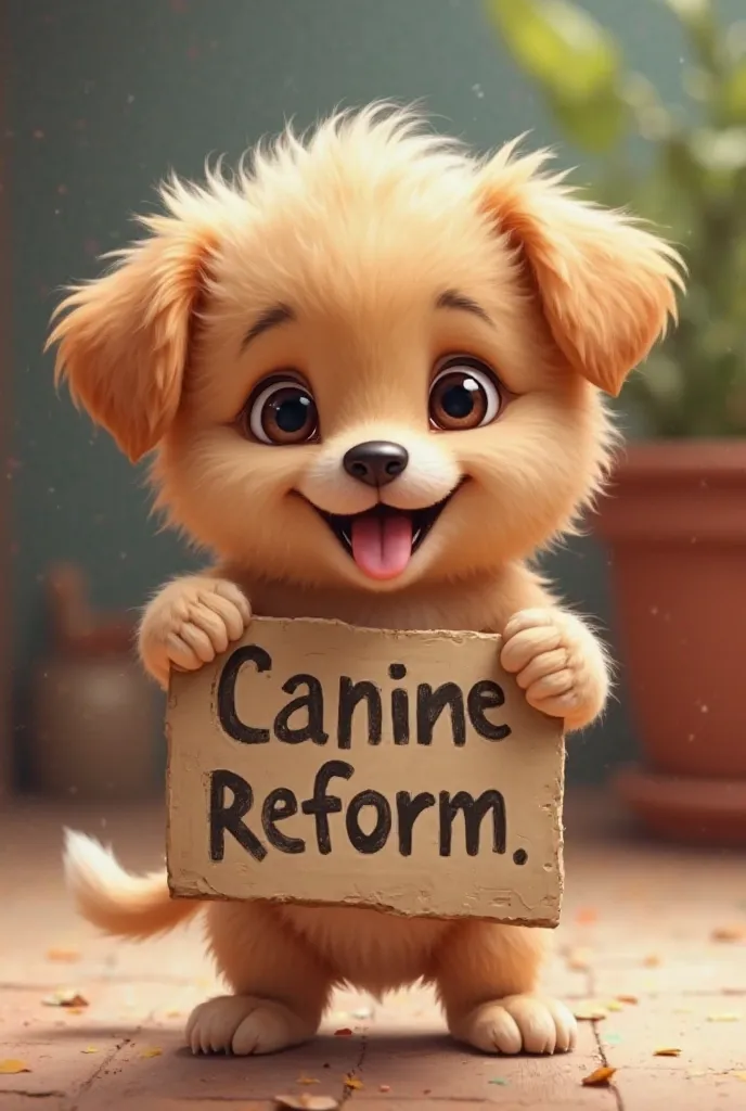 Create a puppy that has a sign that says canine reform