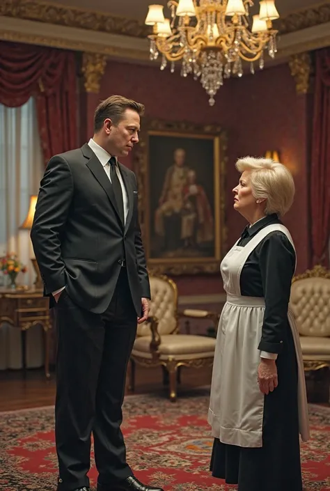 Create an image of Elon Musk scolding his maid looking like Donald Trump