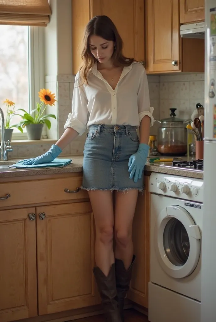 Hot Woman Cleaning the Kitchen Neckline Blouse Short Skirt Above Knee Boots