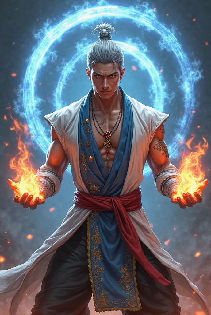 Chinese man medium gray hair with a bun and a blue stripe on his forehead bright white eyes white tunic blue vest with gold details black pants necklace with red spheres dragon tattoos on arms and chest red band around the waist long white gloves black sho...