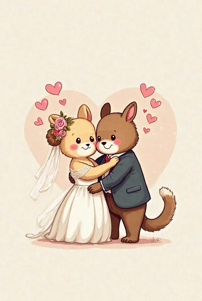 Two cuddly cudders in love marrying one dressed as a wedding and the other as a groom, It is a caricature-like illustration not so realistic it can be flat, 