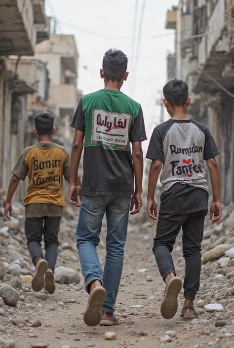 De jeunes résistants de la ville de Gaza portant une banderole sur laquelle sont écrits les mots « Ramadan Kareem Anis Hafi» sont pieds nus au milieu de la destruction, avec un char détruit derrière eux.