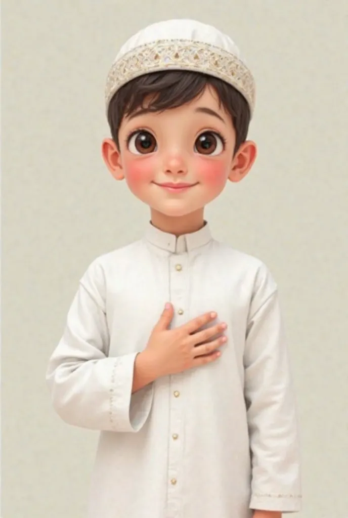 A boy  The face is white and  Smile  
 The right hand is placed over the heart
White islamic dress With cap on his head
From head to toe  size a image