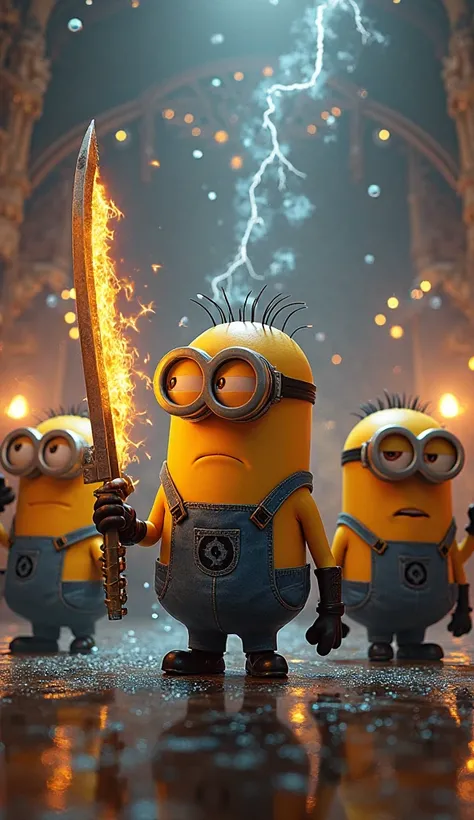 "Create a cinematic warrior-style image of an epic movie portrait, featuring the Minions dressed as the legends of Mortal Kombat. In the center, a Minion dressed as Scorpion strikes a combat pose, holding his flaming kunai chain. His gaze is glowing under ...