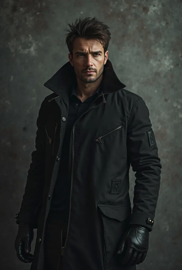  man. 32 years old.  height: 180 cm , slender, but strong build.  hair: dark, } slightly disheveled . eyes: gray, cold and insightful, , it's like he can see through.  Clothes: предпочитает dark тона — черные или темно-gray рубашки,  pants,  leather gloves...