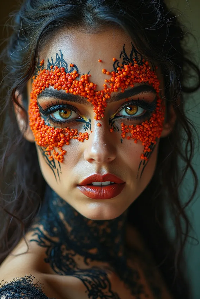 Photo portrait of a woman wearing diabla makeup with chunks that are jalapeños