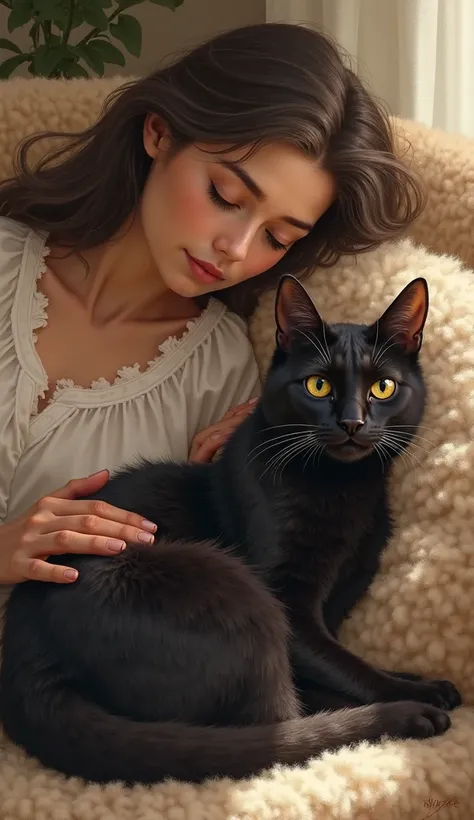 The black cat with yellow eyes curled up on the woman's couch, purring contentedly. The woman sits beside it, both looking peaceful. Style: realistic