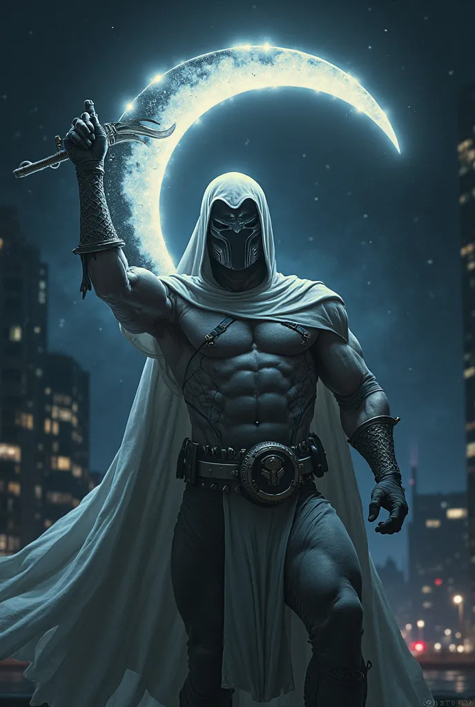 Marvel's Moon Knight wields a moon-shaped weapon in the night