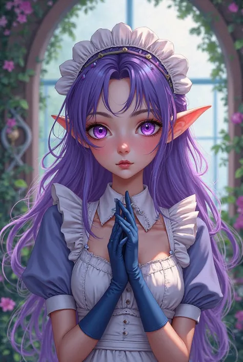 Purple-haired purple-eyed elf girl with maid clothes and dark blue gloves in 2d anime style