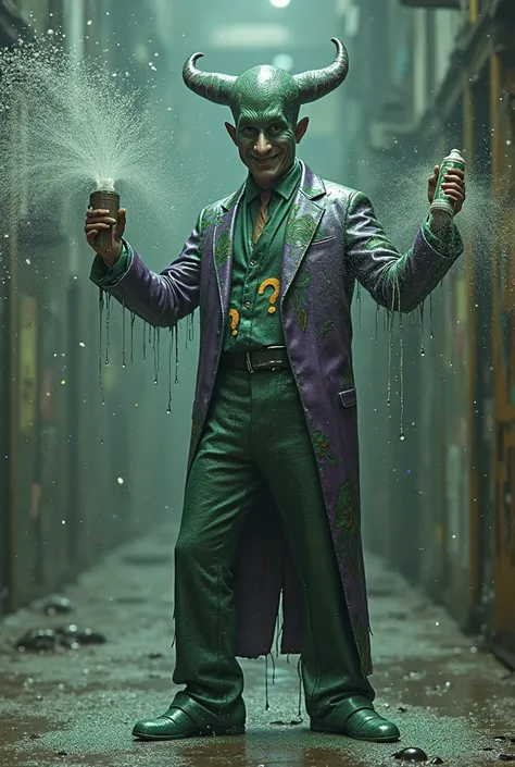 Generate a photo of Diddy dressed as the Riddler covered in baby oil with two bottles of baby oil in its hand, squirting it all over the place