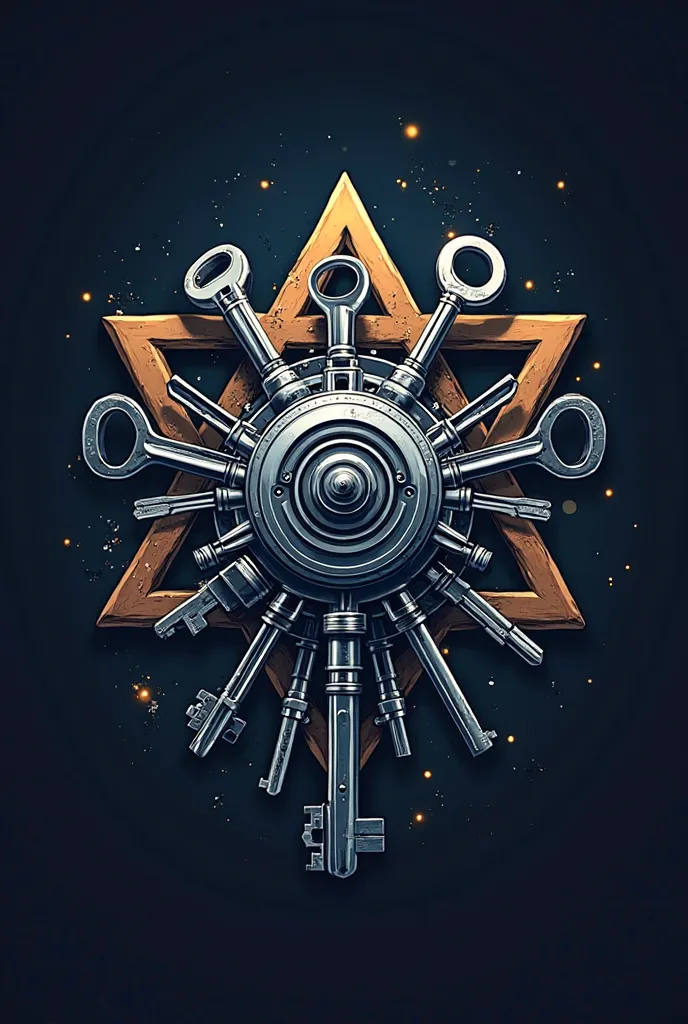 Create a logo for my auto repair shop with the name “Hermechanicos” represented with a motor and mechanical keys hanging around it with the Star of David in the background