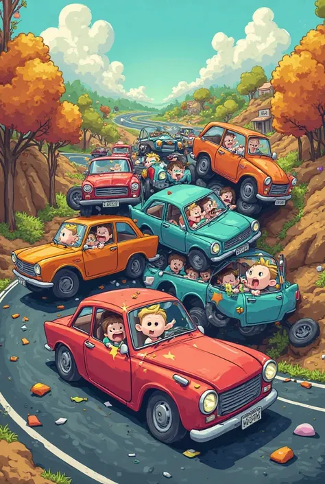 Animated cartoon of crashed cars