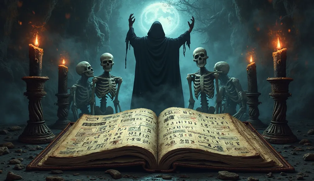 A dark and mysterious illustration combining ancient and modern elements. It could be an ancient open grimoire, with pages full of symbols and runes, surrounded by black candles and a ghostly haze.  In the background, a silhouette of a necromancer with a c...