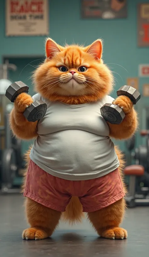 A big fluffy Orange cat wearing a Tshirt and shorts doing workout in Jim with dumble 