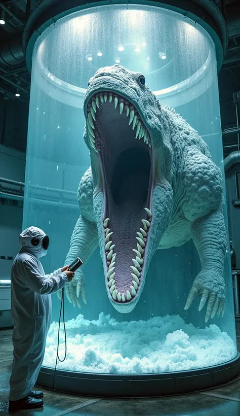 A colossal, prehistoric sea monster, frozen in time, is contained within a massive cylindrical glass tank inside a high-tech research facility. Its enormous jaws, filled with razor-sharp teeth, are wide open, revealing a terrifying sight. The creature’s bo...