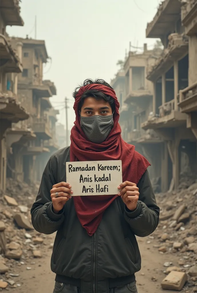 A masked young man with a red keffiyeh coming from the streets of devastated Gaza is holding a sign that reads “Ramadan Kareem Anis Hafi”.