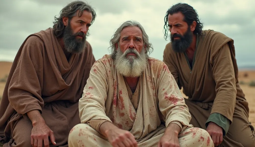 Job, a sturdy man with abundant white beards,  He is sitting on the floor , with his body marked by red spots on the skin due to leprosy. His expression reflects deep pain and despair. Around you, Three friends of Job , dressed in robes from the biblical e...