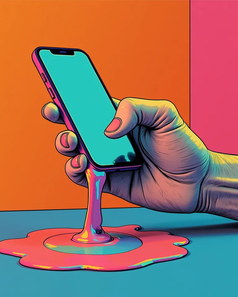 Pop art, pov shot , Hand holding a phone, The hand and the phone are working, The function happens that the hand and the phone are becoming liquid as if melting a little, bold outlines, vibrant colors, surreal, minimal background, high contrast, dramatic l...