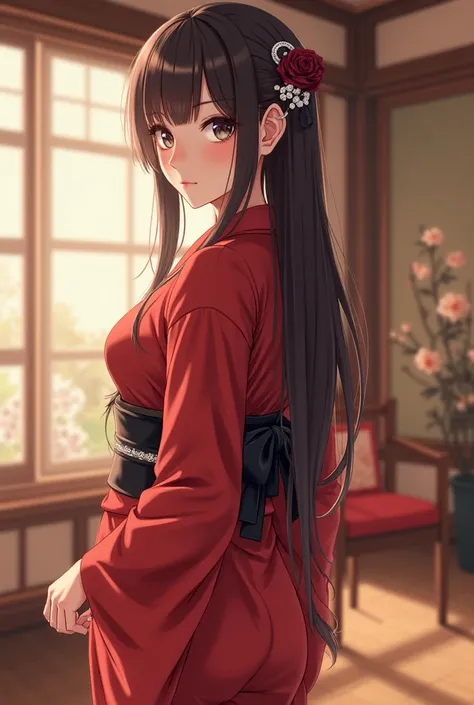 A 5'6 tall beautiful female Japanese anime character with fair skin, light-violet eyes, long thigh-length straight dark brown hair with bangs hanging down to eyes and almost covering forehead, a slender yet very curvaceous and well-endowed mature veluptiou...