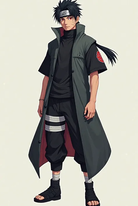 Make a male character inspired by the anime Naruto, He has black hair, A konoha headband, red eyes, black clothes, black pants, black sneakers, Do it standing, He is an adult male