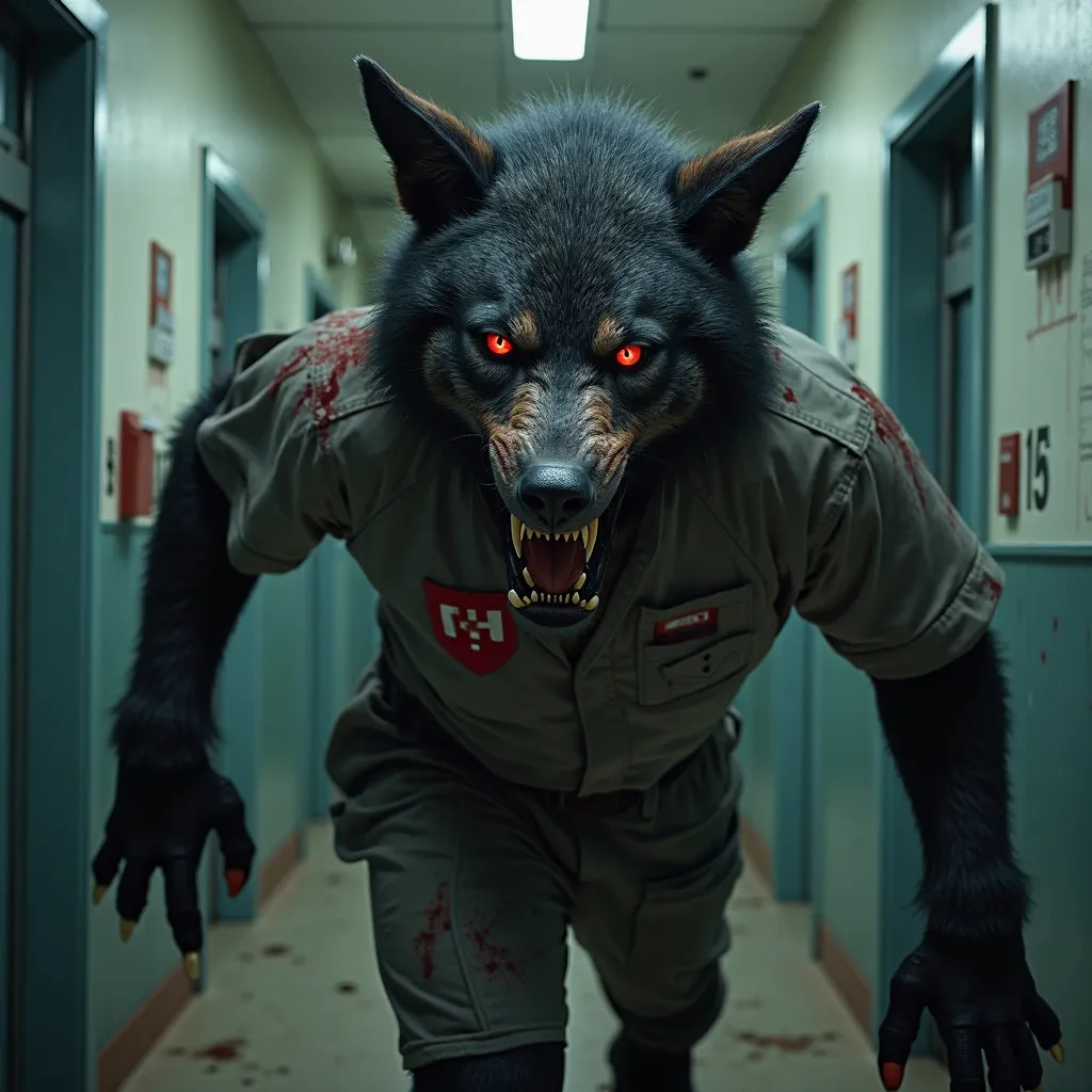 A hybrid of wolf and human, of immense size , with dark fur and luminous eyes, that shines in a deep red tone. Its fangs are long and sharp, and his claws appear to be made of iron. He wears a uniform Hospital torn and bloodstained, with the hospital logo ...